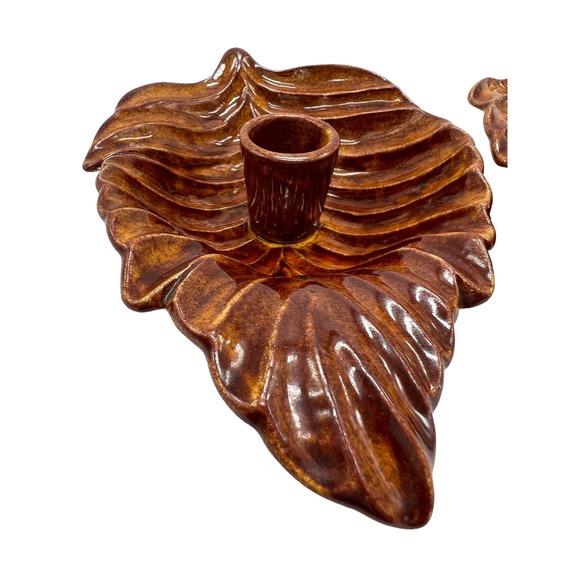 Pair of Brown Leaf Candlestick Holders Pattern 466 Made in USA - Picture 3 of 4